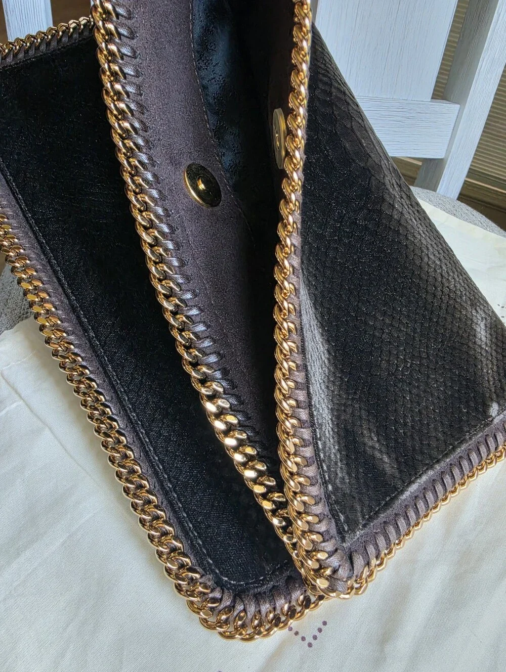 Stella McCartney Black Faux-Snake Foldover Chain Clutch with Gold Trim
